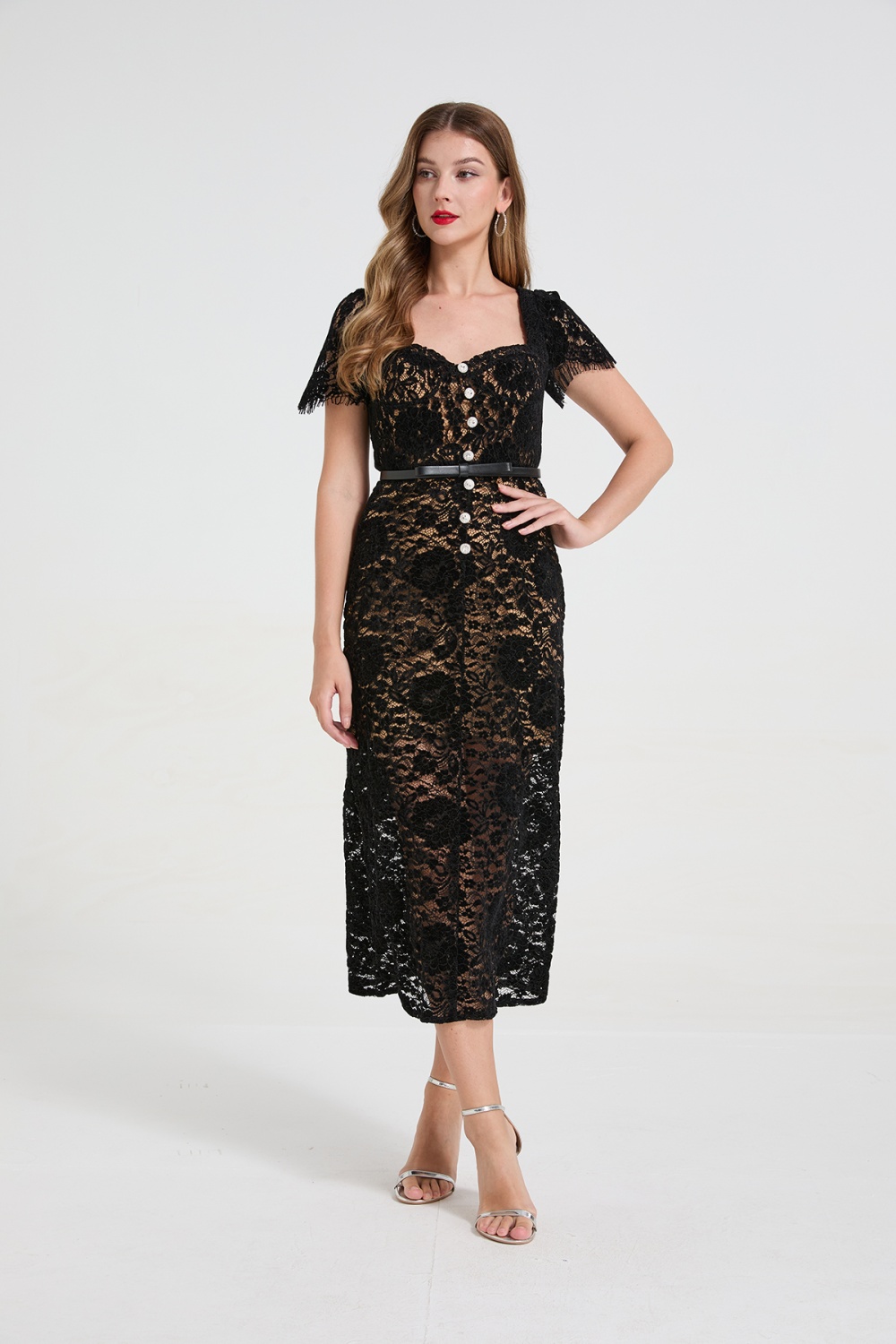 Diamond square collar lace stereoscopic dress