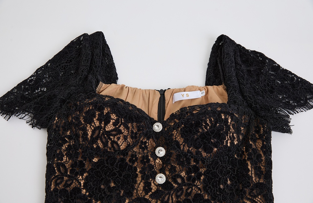 Diamond square collar lace stereoscopic dress