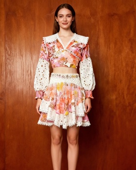 Autumn lace splice shirt Bohemian style flowers skirt a set