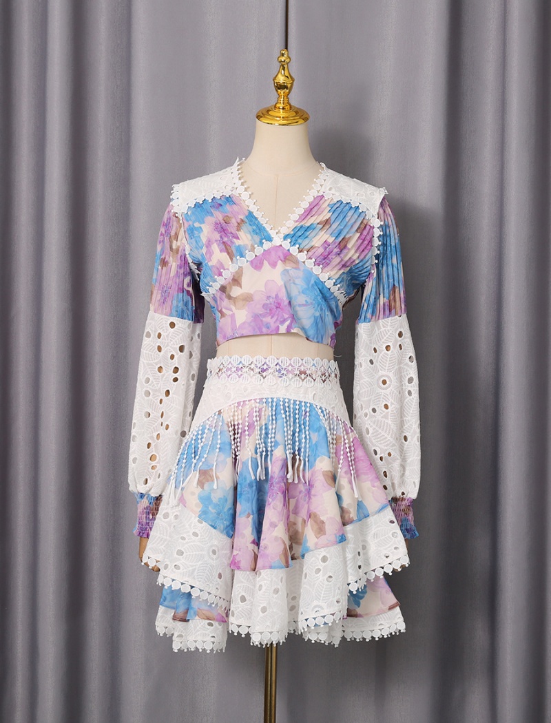Autumn lace splice shirt Bohemian style flowers skirt a set