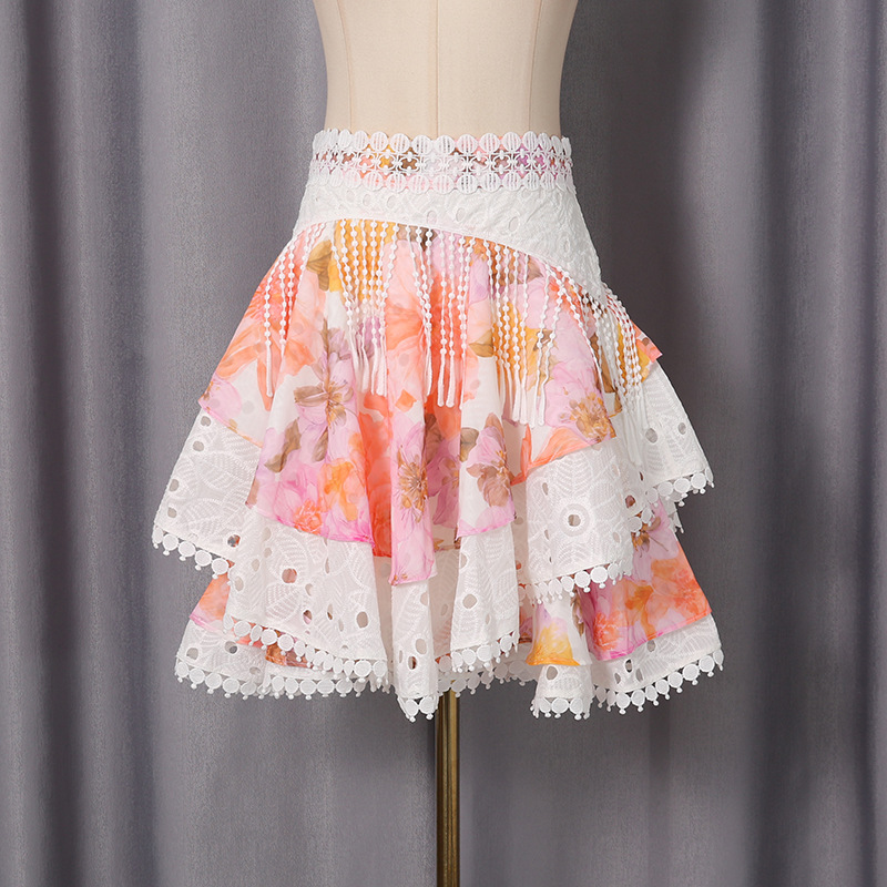 Autumn lace splice shirt Bohemian style flowers skirt a set