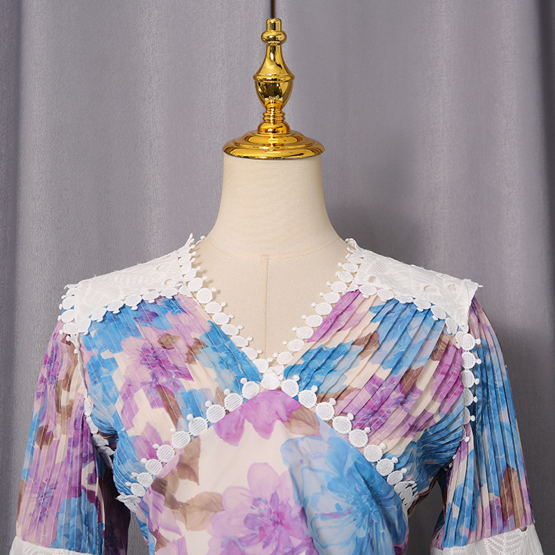 Autumn lace splice shirt Bohemian style flowers skirt a set