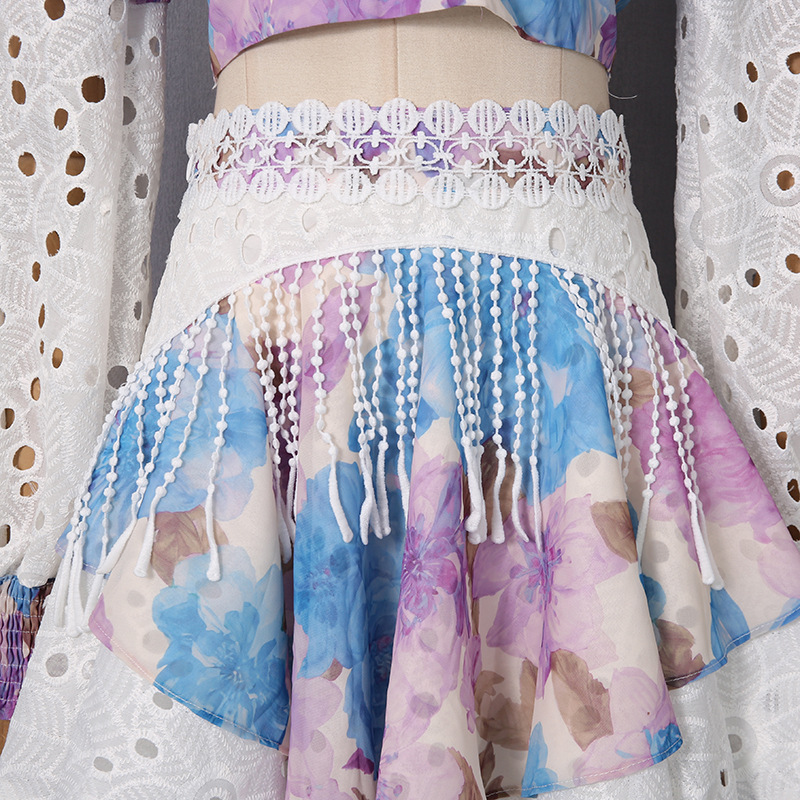 Autumn lace splice shirt Bohemian style flowers skirt a set