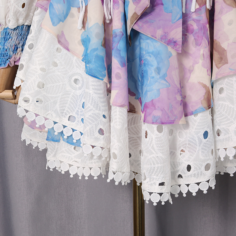 Autumn lace splice shirt Bohemian style flowers skirt a set