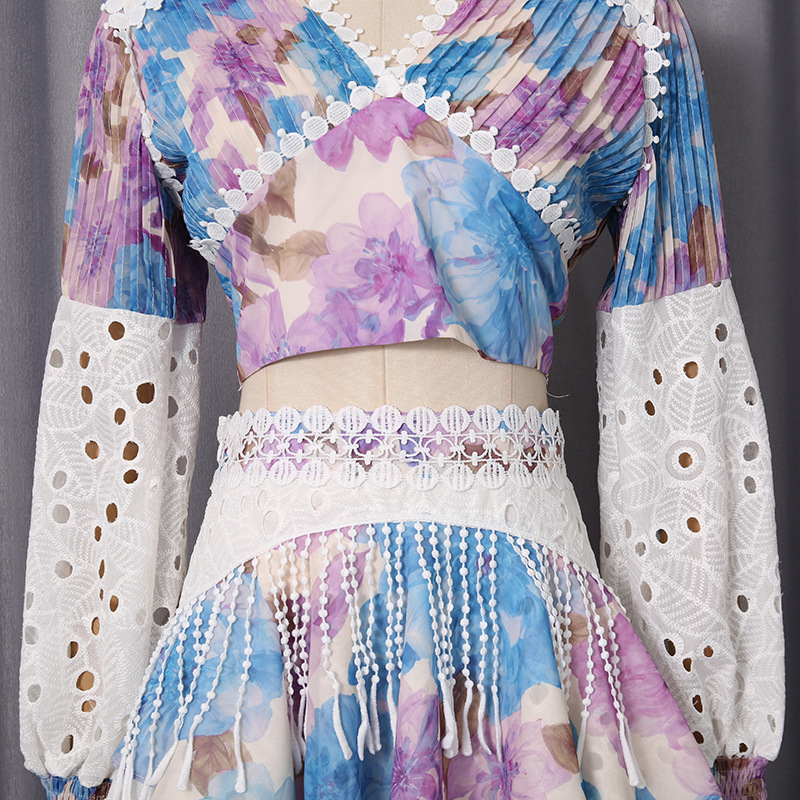 Autumn lace splice shirt Bohemian style flowers skirt a set