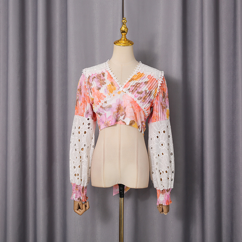 Autumn lace splice shirt Bohemian style flowers skirt a set
