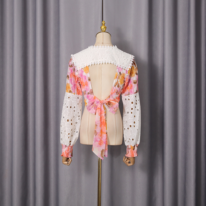 Autumn lace splice shirt Bohemian style flowers skirt a set