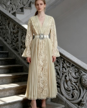 Retro pinched waist long dress autumn dress for women