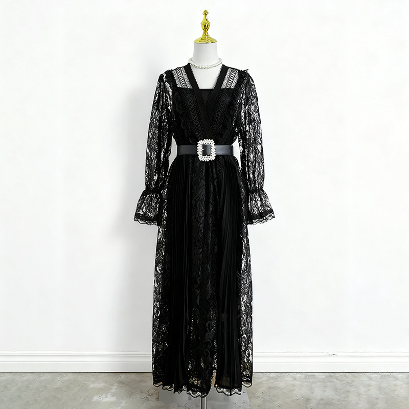 Retro pinched waist long dress autumn dress for women