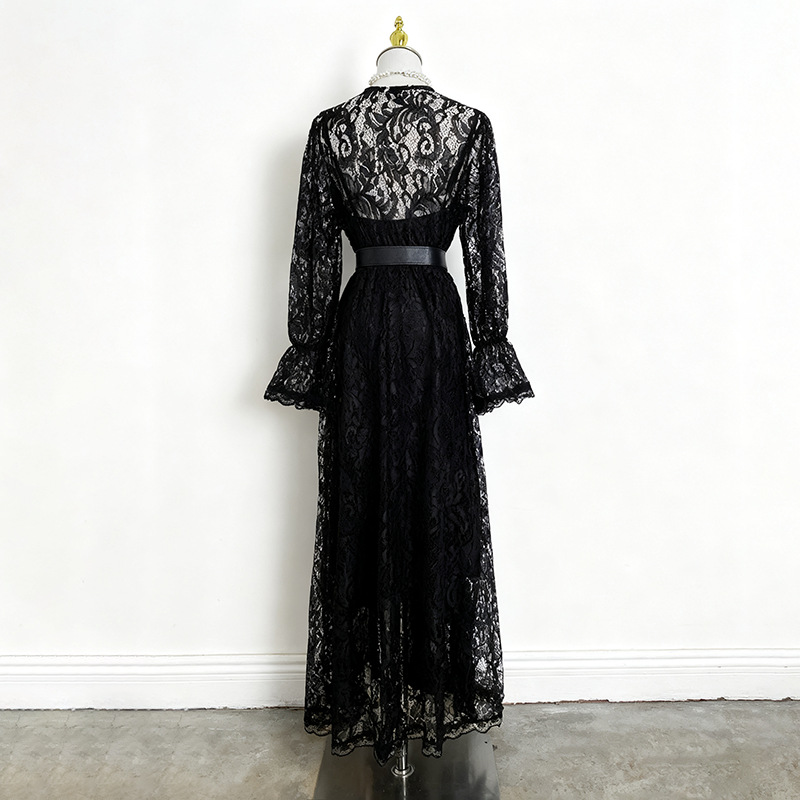 Retro pinched waist long dress autumn dress for women
