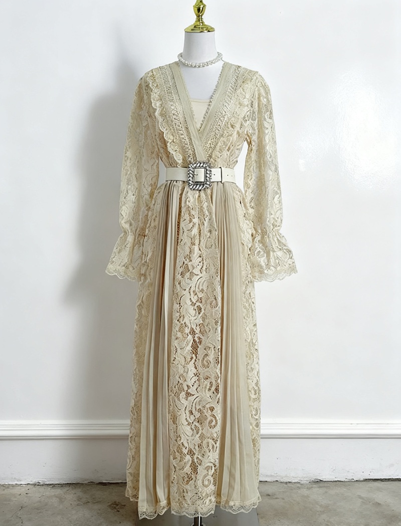 Retro pinched waist long dress autumn dress for women