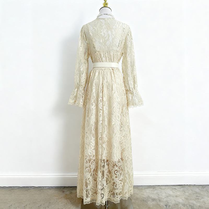 Retro pinched waist long dress autumn dress for women