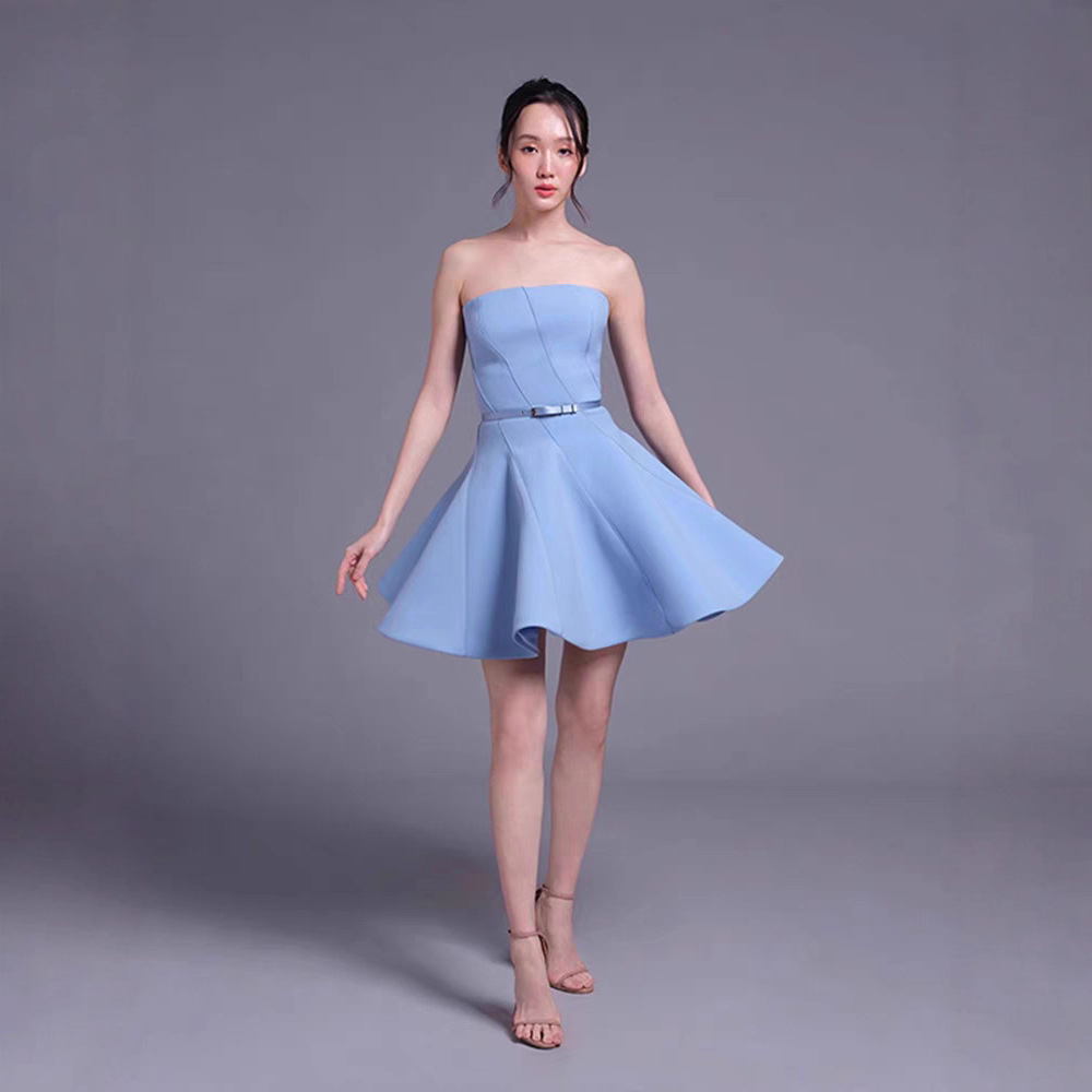 Pinched waist blue formal dress niche elegant T-back