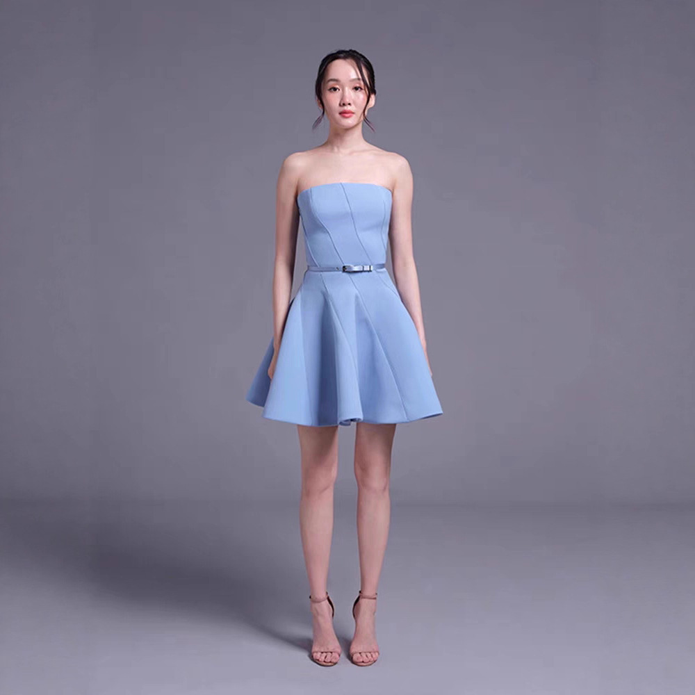Pinched waist blue formal dress niche elegant T-back