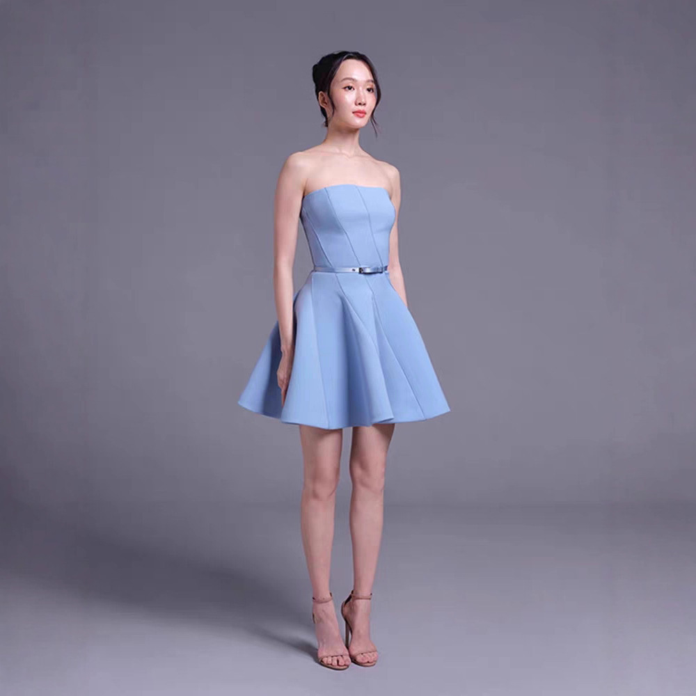 Pinched waist blue formal dress niche elegant T-back