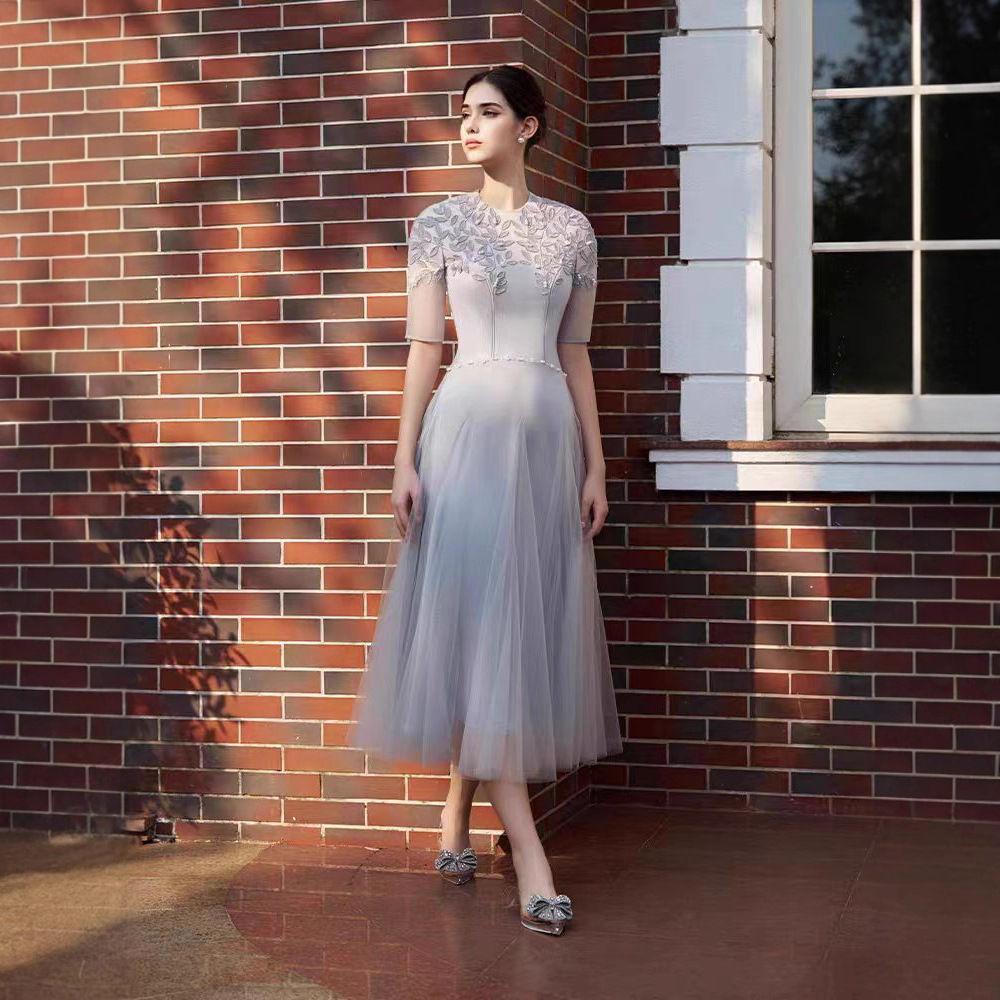 Embroidery pinched waist long dress temperament niche dress