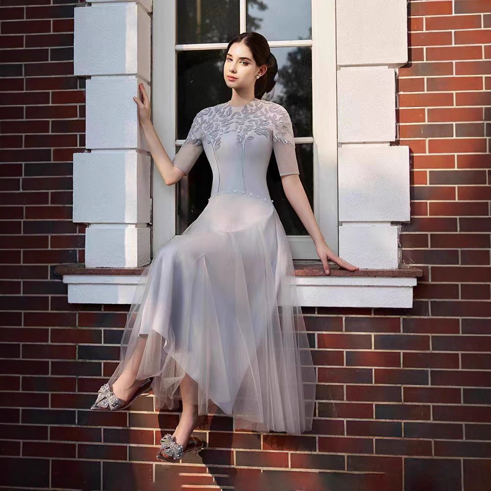 Embroidery pinched waist long dress temperament niche dress