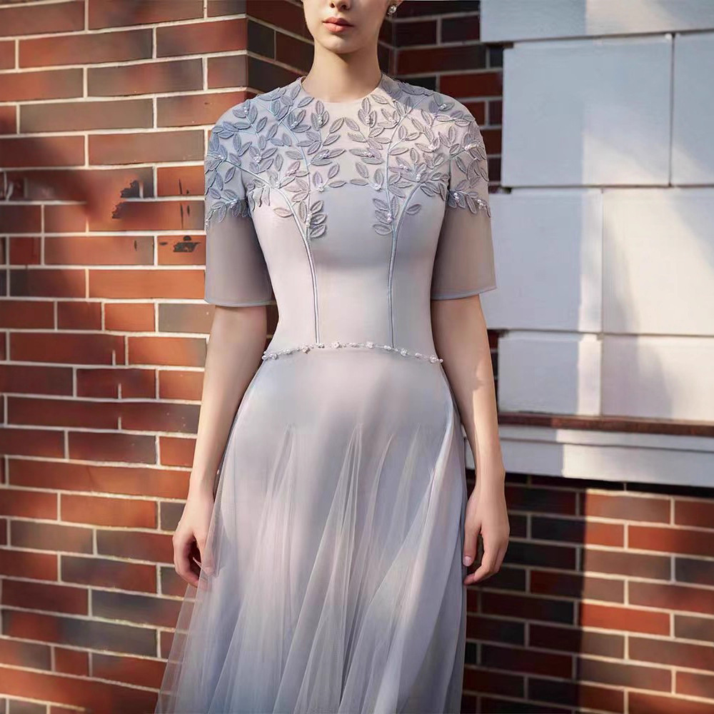Embroidery pinched waist long dress temperament niche dress