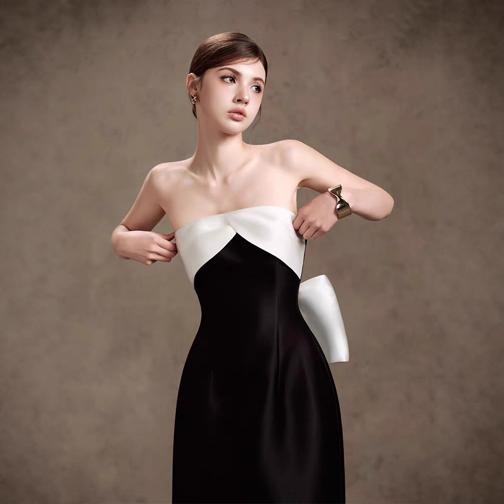 Mixed colors temperament dress pinched waist formal dress
