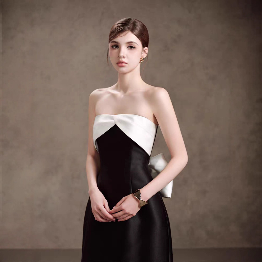 Mixed colors temperament dress pinched waist formal dress