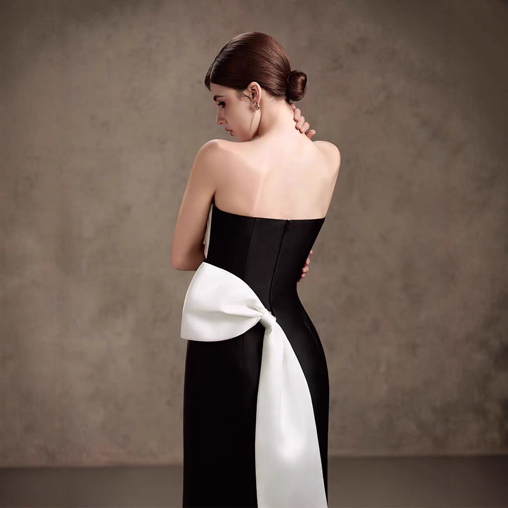 Mixed colors temperament dress pinched waist formal dress