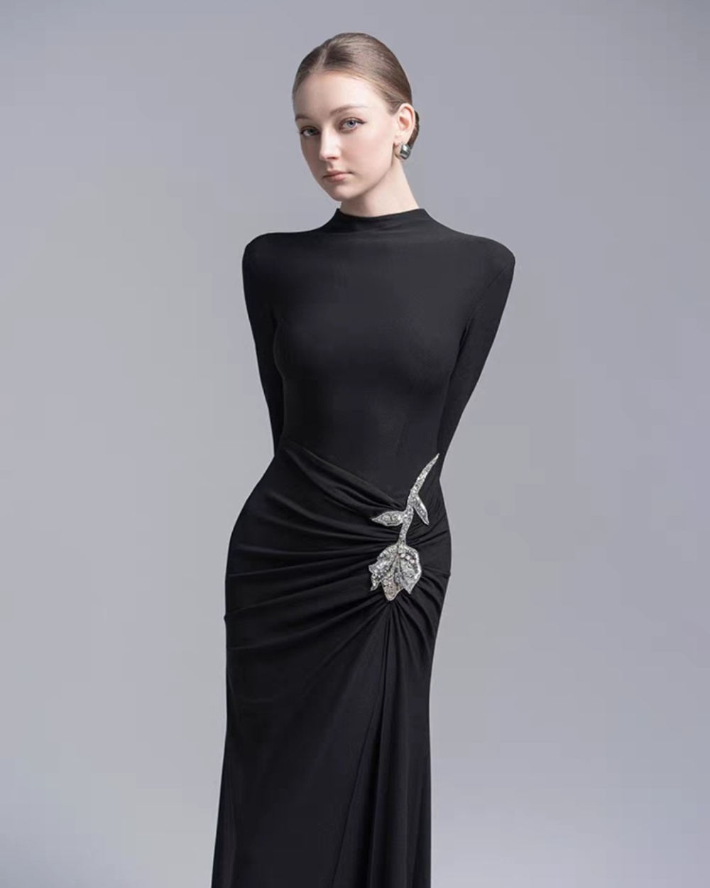 Temperament fold slim dress niche flowers long dress