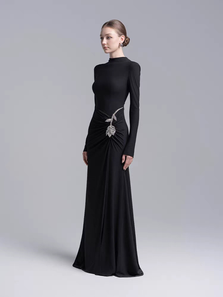 Temperament fold slim dress niche flowers long dress