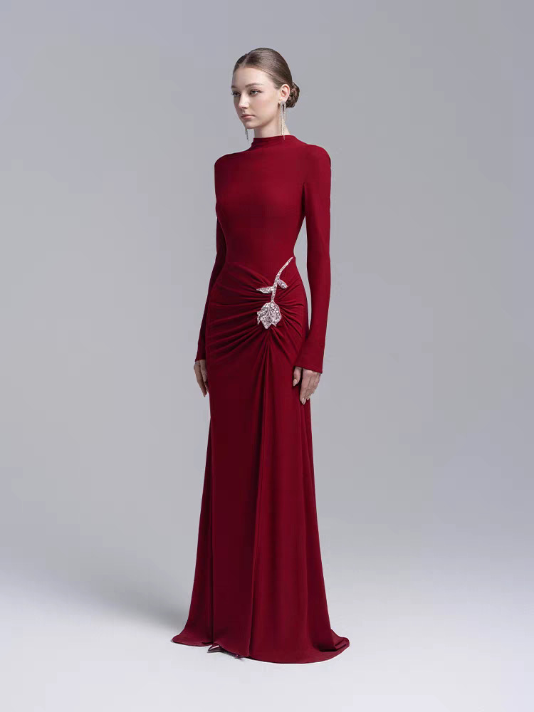 Temperament fold slim dress niche flowers long dress