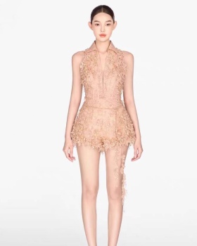 V-neck niche lace shorts slim temperament sleeveless jumpsuit