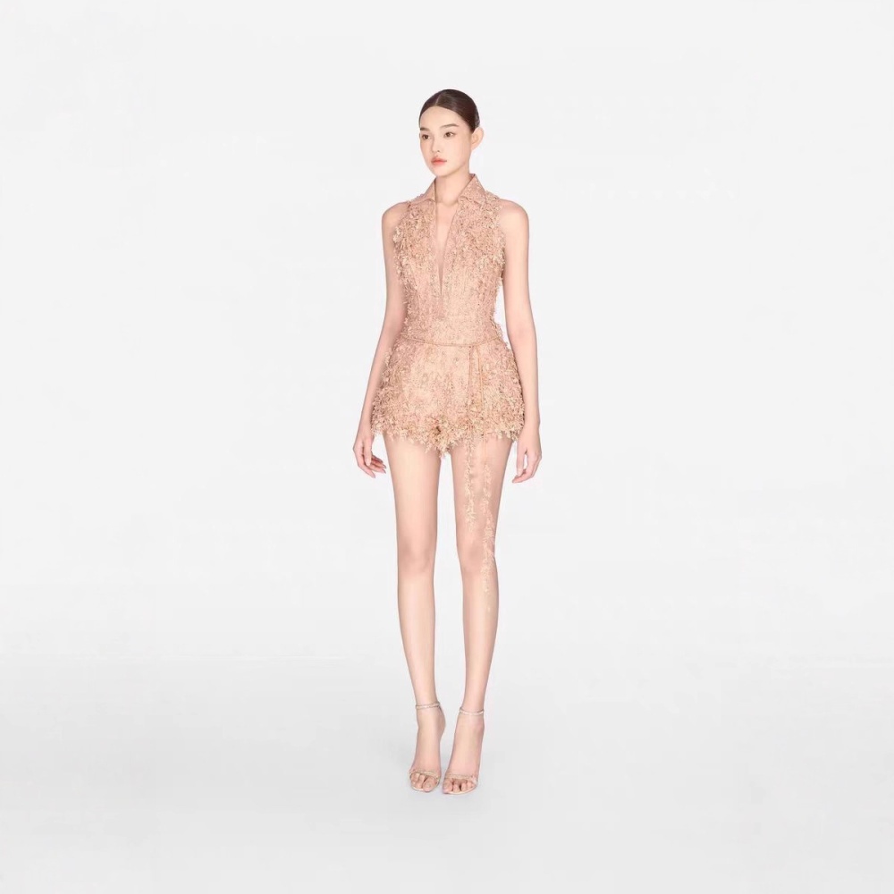 V-neck niche lace shorts slim temperament sleeveless jumpsuit