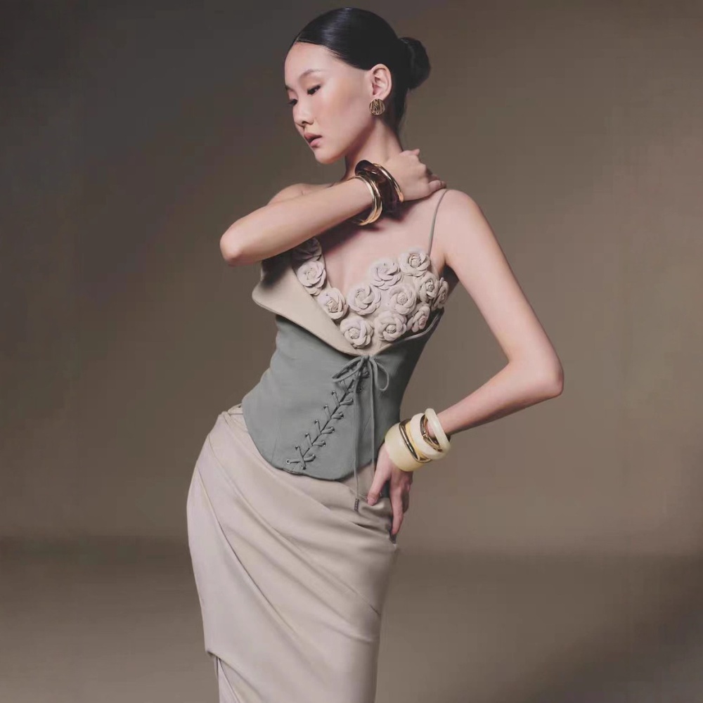 Niche bandage tops ladies long skirt 2pcs set