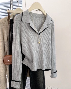 Gray autumn and winter tops V-neck sweater for women
