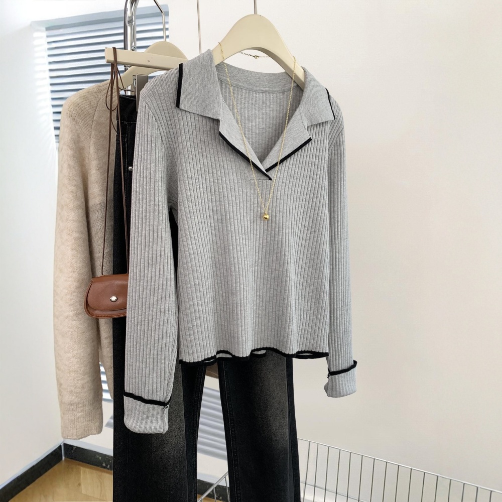 Gray autumn and winter tops V-neck sweater for women