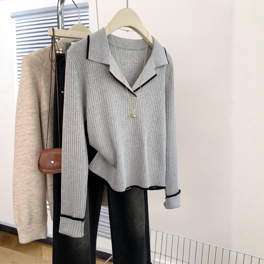 Gray autumn and winter tops V-neck sweater for women