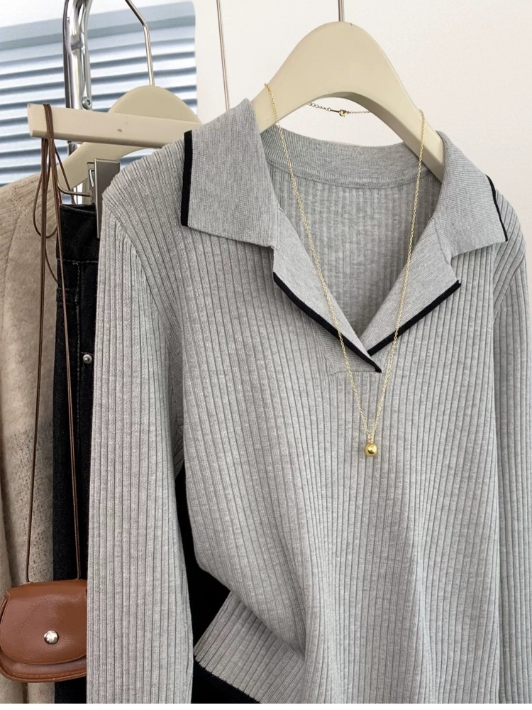 Gray autumn and winter tops V-neck sweater for women