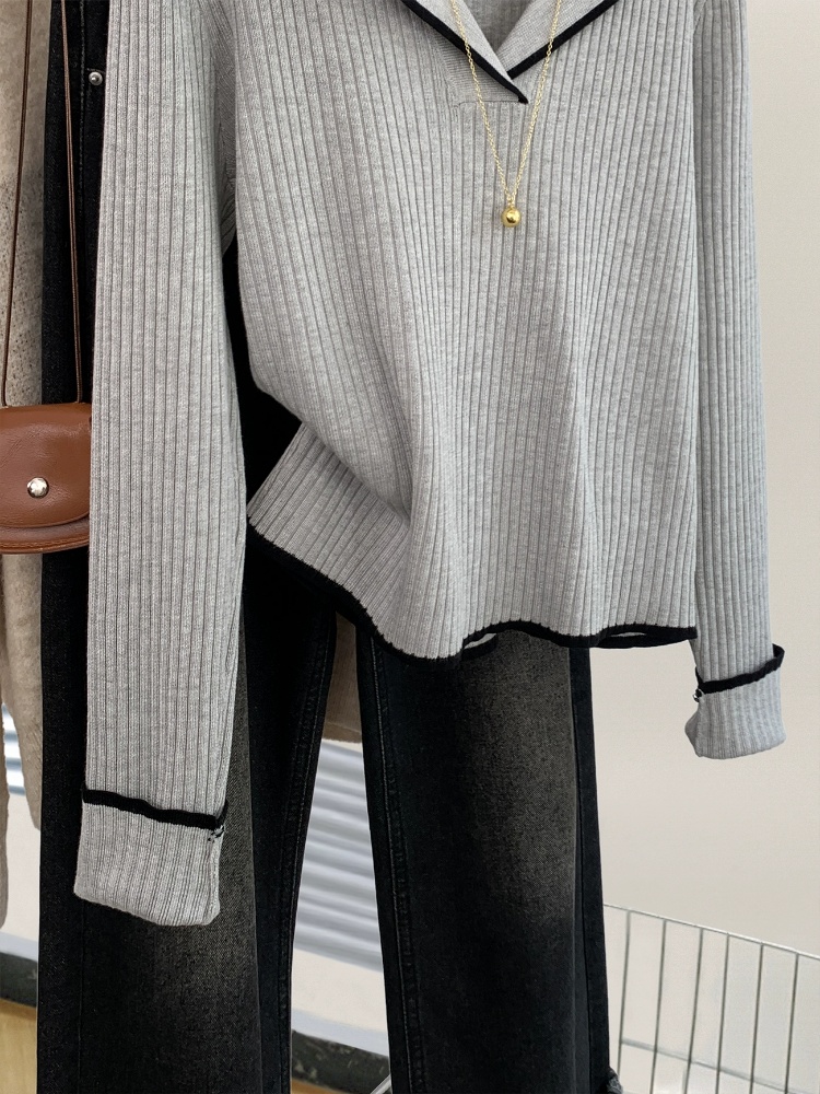 Gray autumn and winter tops V-neck sweater for women