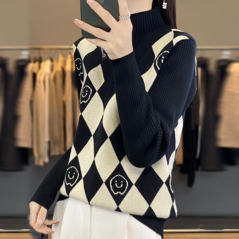 Quilted pattern Pseudo-two thick sweater for women