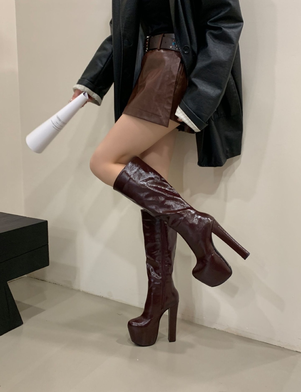 Glossy side zipper thigh boots catwalk women's boots