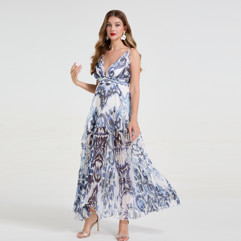 Pleated V-neck sexy long dress halter sling dress