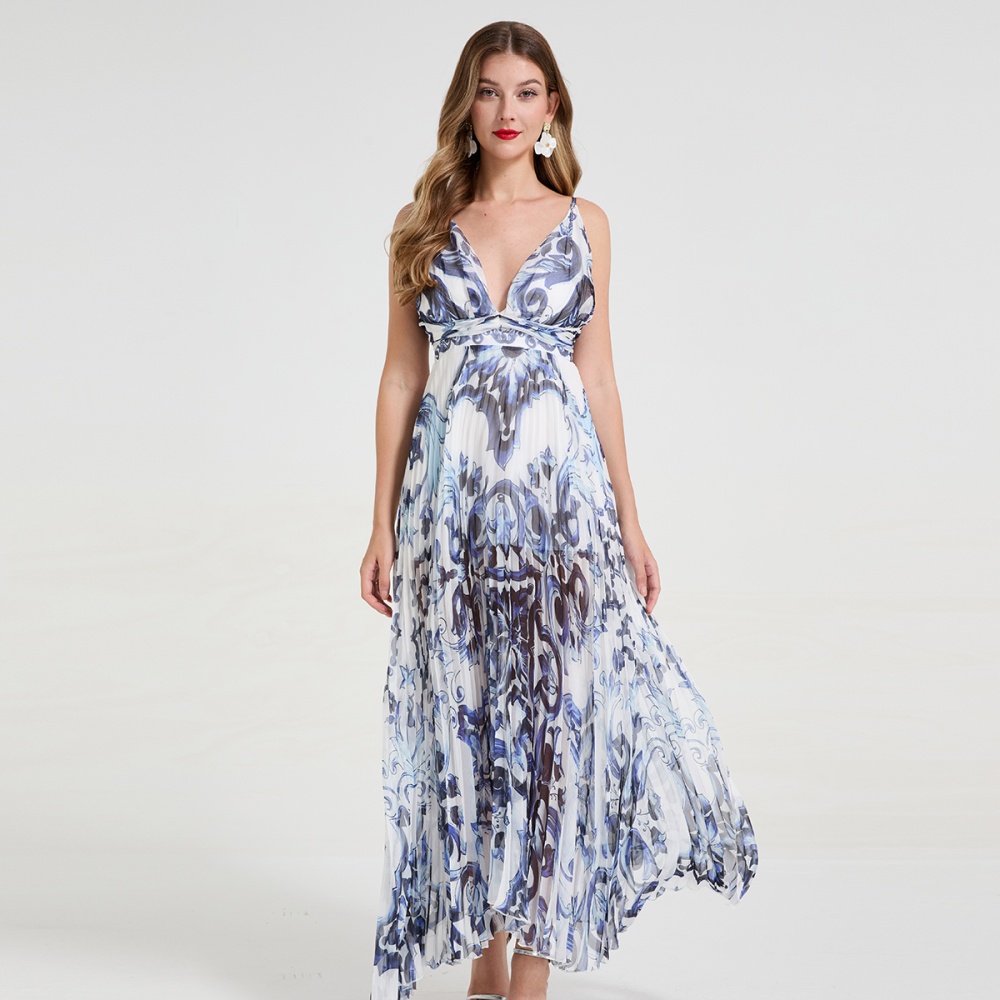 Pleated V-neck sexy long dress halter sling dress