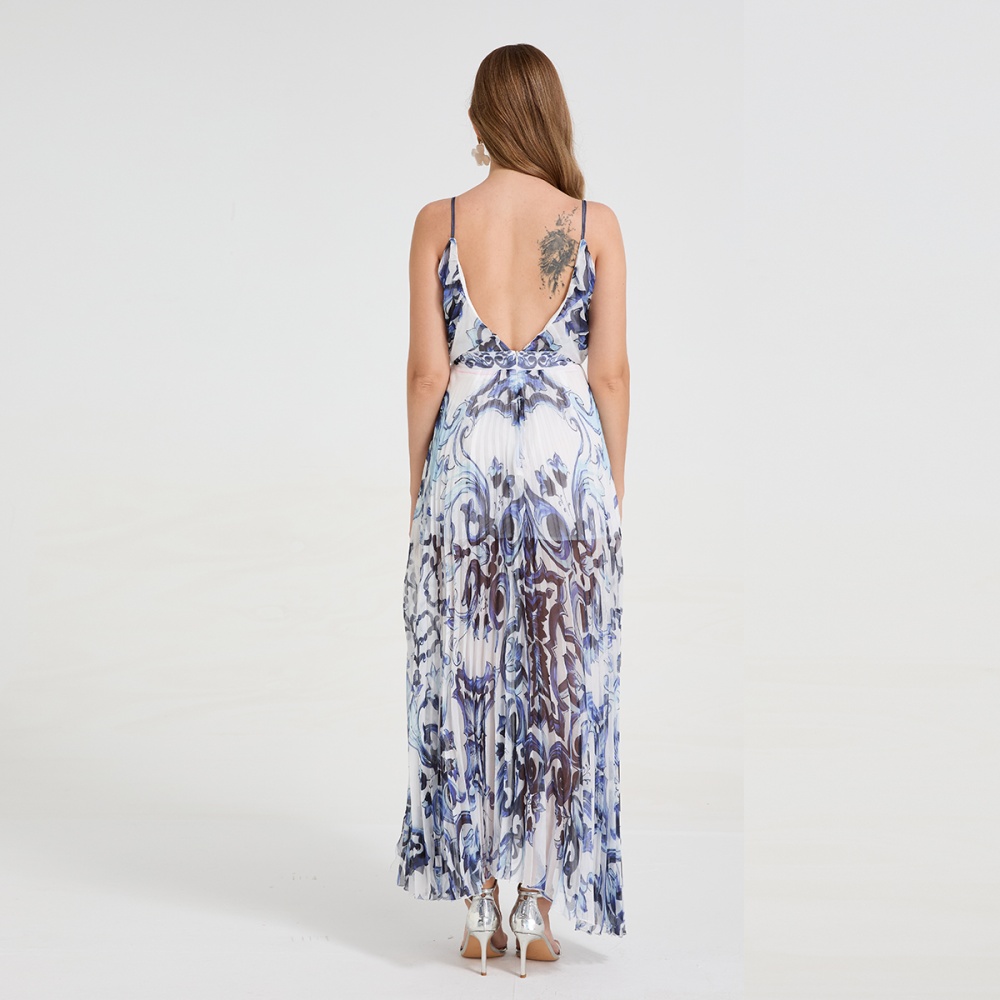 Pleated V-neck sexy long dress halter sling dress