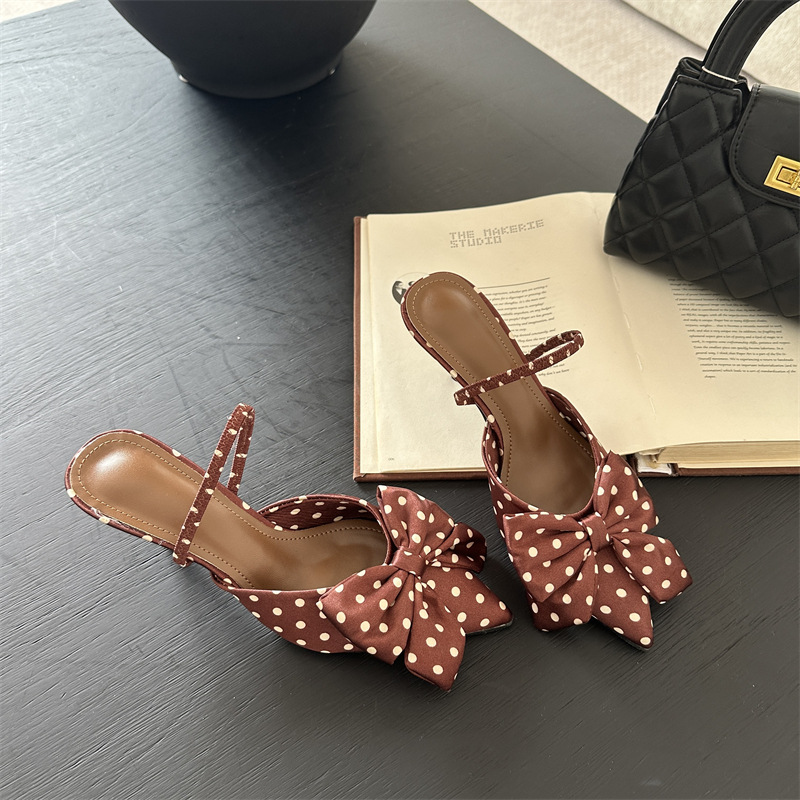 Pointed bow polka dot European style high-heeled sandals