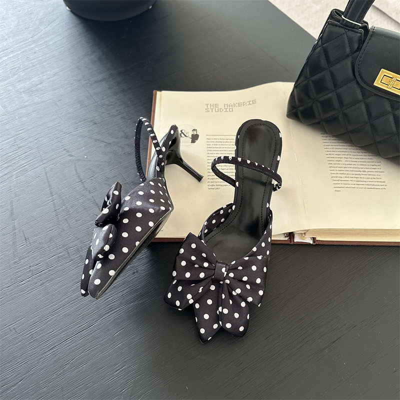 Pointed bow polka dot European style high-heeled sandals