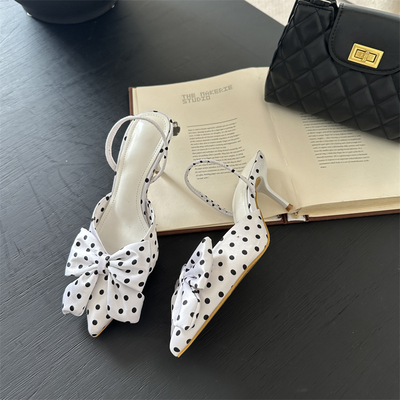 Pointed bow polka dot European style high-heeled sandals