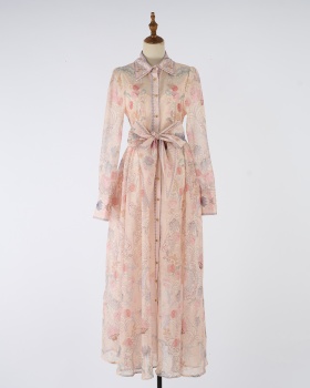 Long printing long dress breasted dress