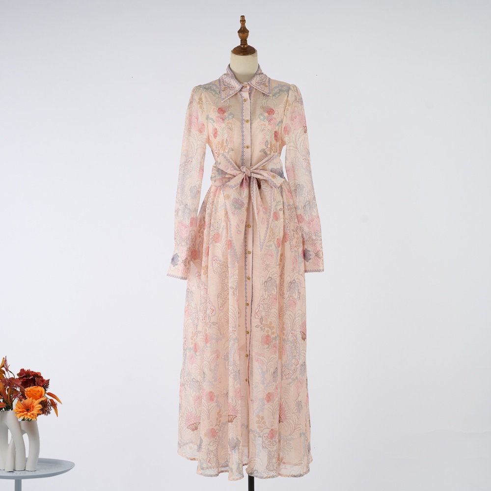 Long printing long dress breasted dress