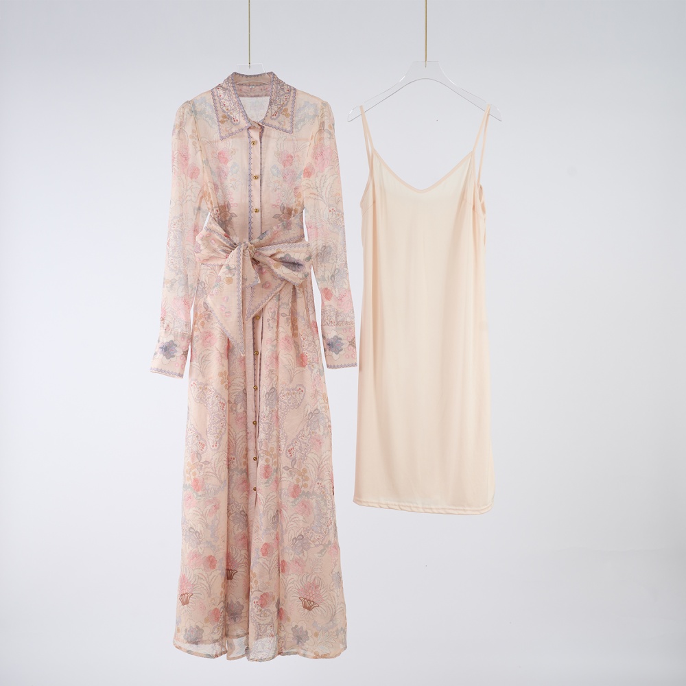 Long printing long dress breasted dress