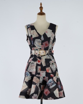 V-neck sleeveless printing dress light luxury mini waistcoat