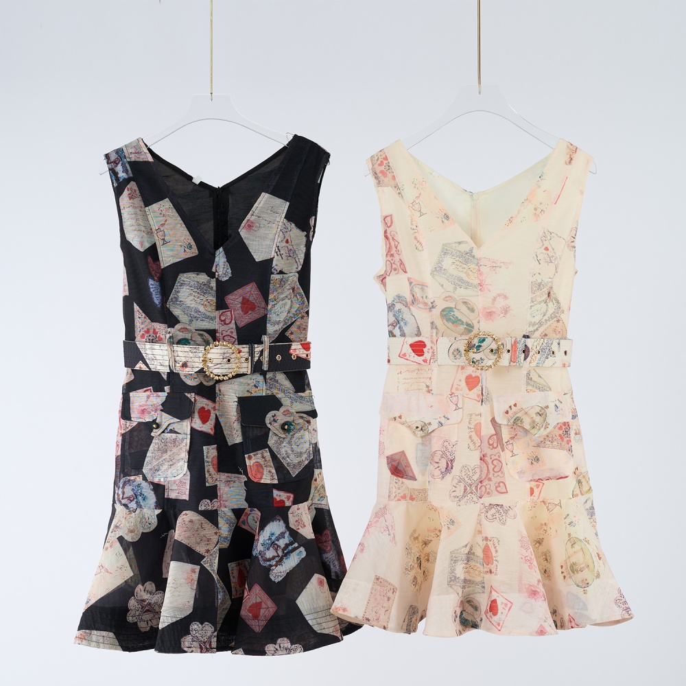 V-neck sleeveless printing dress light luxury mini waistcoat