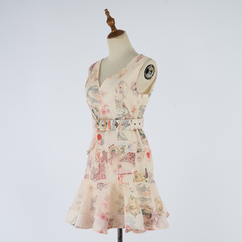 V-neck sleeveless printing dress light luxury mini waistcoat